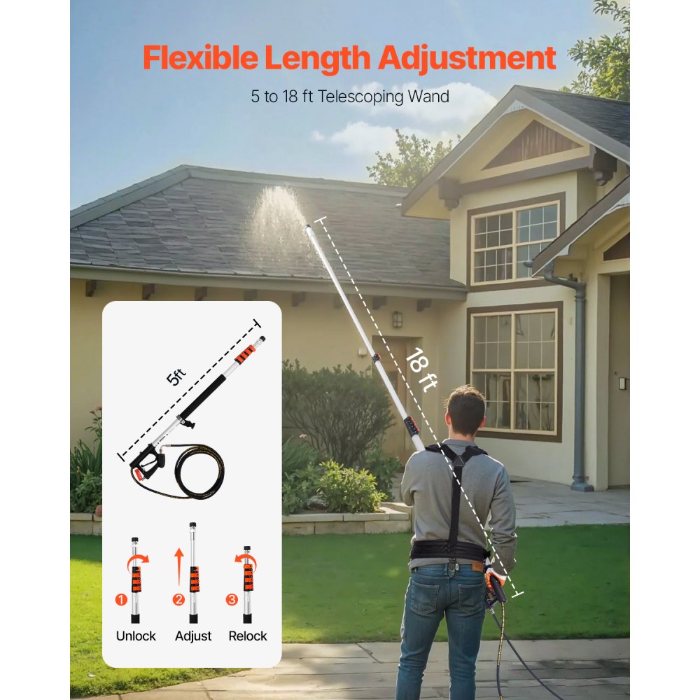 VEVOR Pressure Washer Telescoping Wand, 18 ft, 4000 psi, Telescopic Spray Wand with Power Washer Extension Wands, Gutter Cleaner, Brush Head, 5 Spray Nozzle Tips, Adapter and Adjustable Support Belt