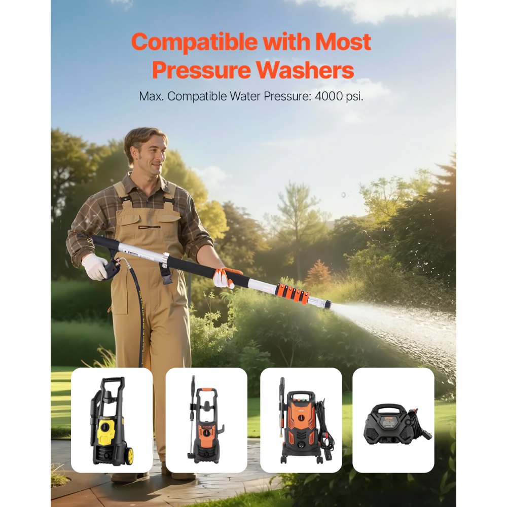 VEVOR Pressure Washer Telescoping Wand, 18 ft, 4000 psi, Telescopic Spray Wand with Power Washer Extension Wands, Gutter Cleaner, Brush Head, 5 Spray Nozzle Tips, Adapter and Adjustable Support Belt