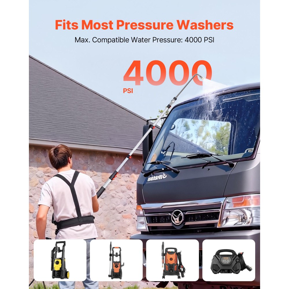 VEVOR 25 FT Pressure Washer Telescoping Wand, with Power Washer Extension Wands & High Pressure Hose, Brush Head, 7 Nozzles, Hose Adapter, Upgrade Support Belt, Storage Bag, 4000 PSI for High Cleaning