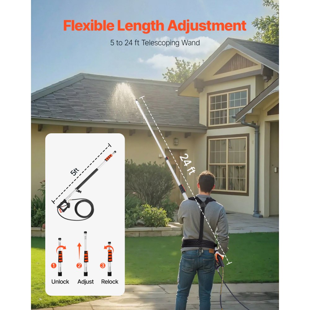 VEVOR Pressure Washer Telescoping Wand, 24 ft, 4000 psi, Telescopic Spray Wand with Power Washer Extension Wands, Gutter Cleaner, Pivoting Coupler, 7 Spray Nozzle Tips and Adjustable Support Harness