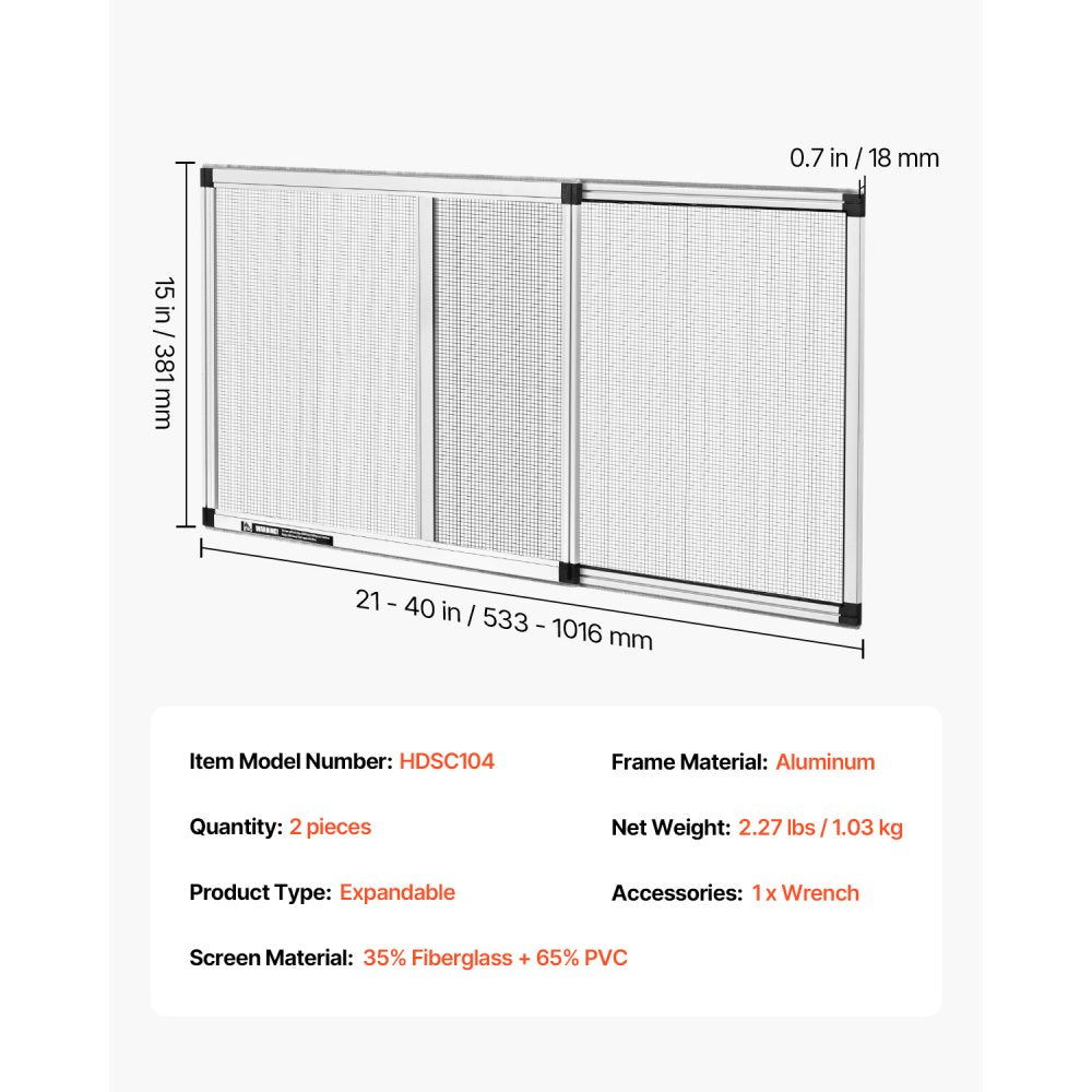 VEVOR Adjustable Window Screen, 15" H x 21" - 40" W, 2 Packs Expandable Windows Screens with Aluminum Frame and Durable Mesh, Horizontal or Convert to Vertical Adjustable Installation, for Home House