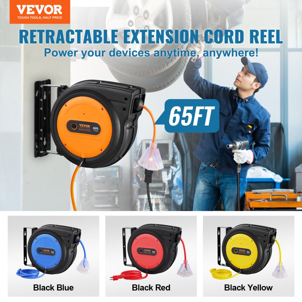 VEVOR Retractable Extension Cord Reel, 65 FT, Heavy Duty 12AWG/3C SJTOW Retractable Power Cord with Lighted Triple Tap Outlet, 15 Amp Circuit Breaker 180° Swivel Bracket for Ceiling or Wall Mount
