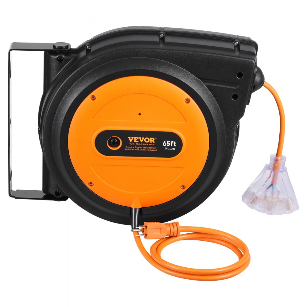 VEVOR Retractable Extension Cord Reel, 65 FT, Heavy Duty 12AWG/3C SJTOW Retractable Power Cord with Lighted Triple Tap Outlet, 15 Amp Circuit Breaker 180° Swivel Bracket for Ceiling or Wall Mount
