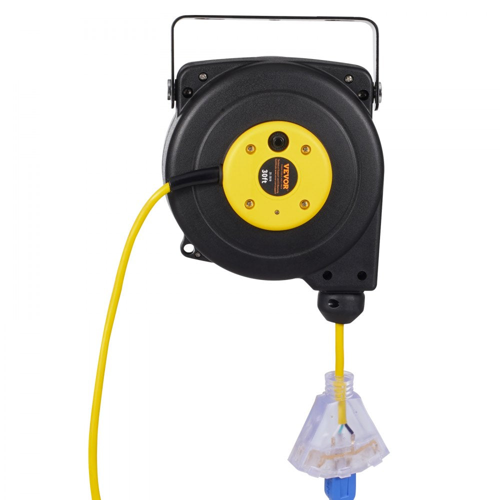 VEVOR Retractable Extension Cord Reel, 30 FT, Heavy Duty 16AWG/3C SJTOW Retractable Power Cord Reel with Lighted Triple Tap Outlet 10 Amp Circuit Breaker 4.5FT Lead-in Cord, for Ceiling or Wall Mount