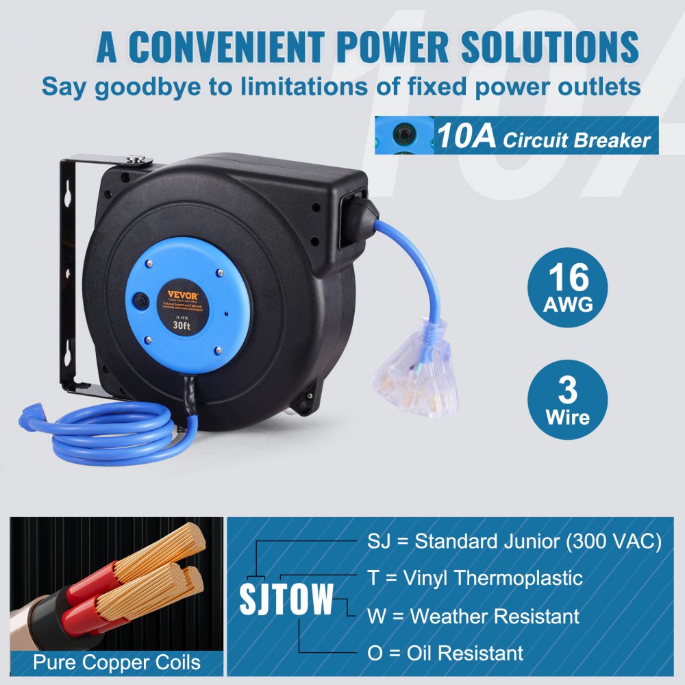 VEVOR Retractable Extension Cord Reel, 30 FT, Heavy Duty 16AWG/3C SJTOW Retractable Power Cord Reel with Lighted Triple Tap Outlet 10 Amp Circuit Breaker 4.5FT Lead-in Cord, for Ceiling or Wall Mount