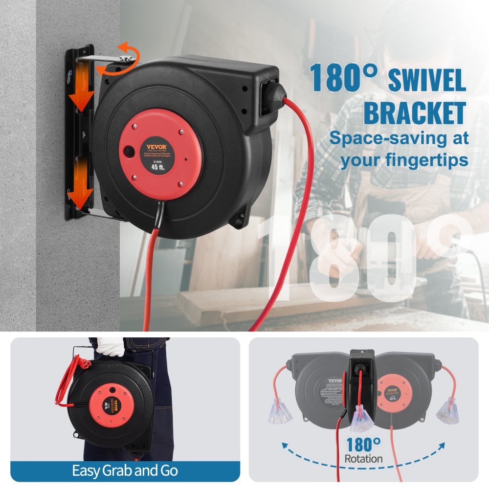 VEVOR Retractable Extension Cord Reel, 45 FT, Heavy Duty 12AWG/3C SJTOW Retractable Power Cord with Lighted Triple Tap Outlet, 15 Amp Circuit Breaker 180° Swivel Bracket for Ceiling or Wall Mount