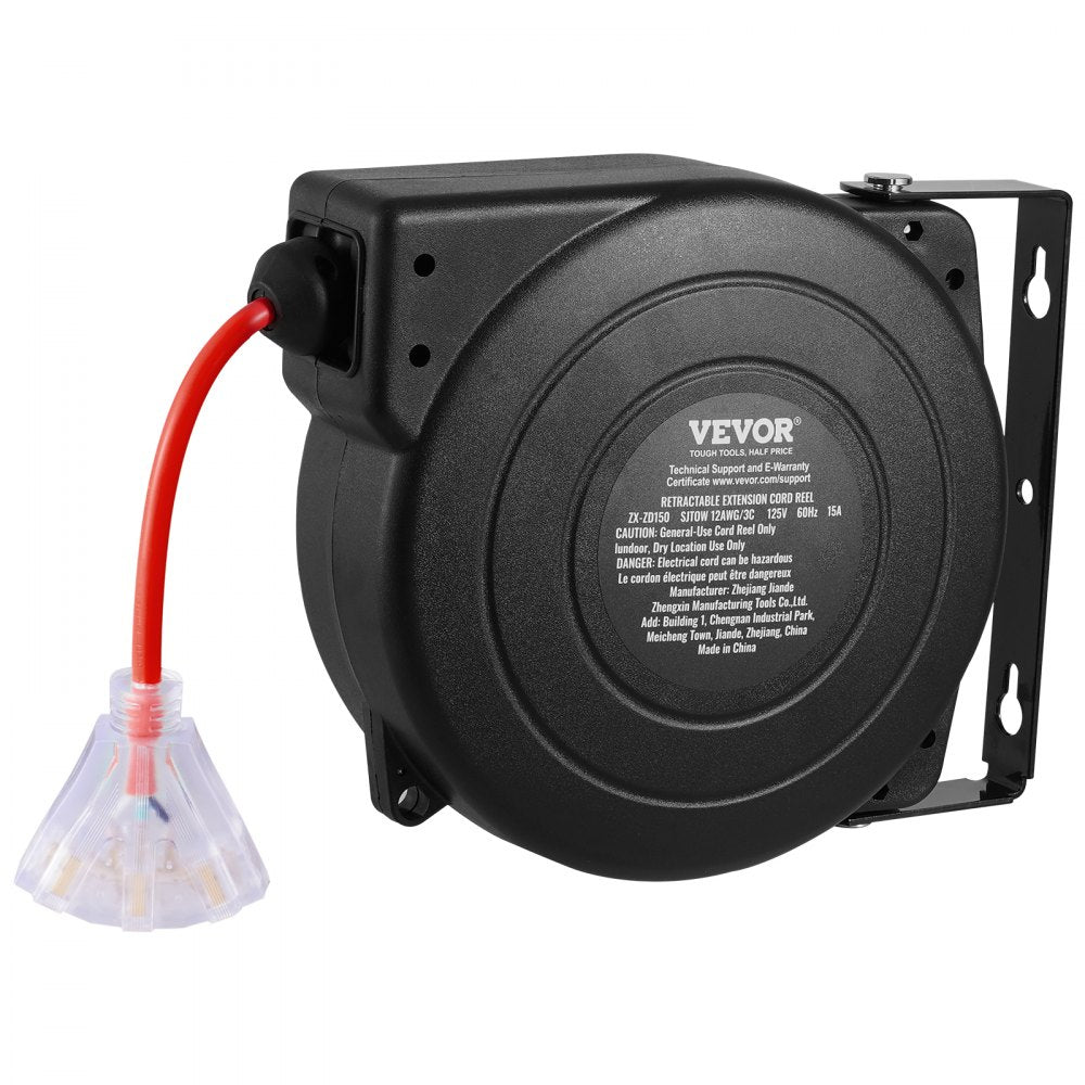 VEVOR Retractable Extension Cord Reel, 45 FT, Heavy Duty 12AWG/3C SJTOW Retractable Power Cord with Lighted Triple Tap Outlet, 15 Amp Circuit Breaker 180° Swivel Bracket for Ceiling or Wall Mount
