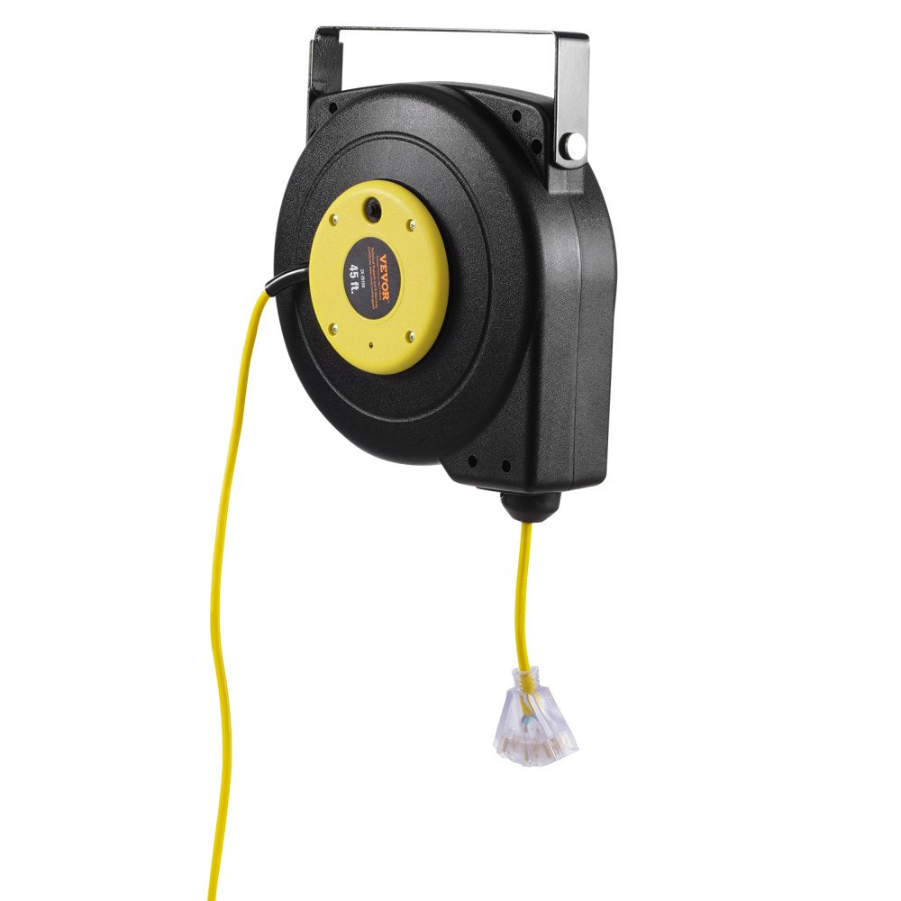 VEVOR Retractable Extension Cord Reel, 45 FT, Heavy Duty 12AWG/3C SJTOW Retractable Power Cord with Lighted Triple Tap Outlet, 15 Amp Circuit Breaker 180° Swivel Bracket for Ceiling or Wall Mount