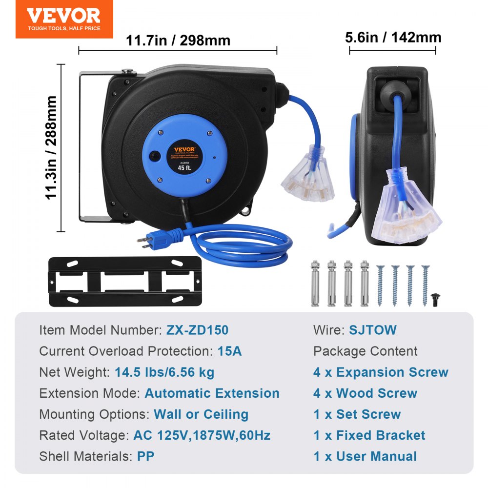 VEVOR Retractable Extension Cord Reel, 45 FT, Heavy Duty 12AWG/3C SJTOW Retractable Power Cord with Lighted Triple Tap Outlet, 15 Amp Circuit Breaker 180° Swivel Bracket for Ceiling or Wall Mount