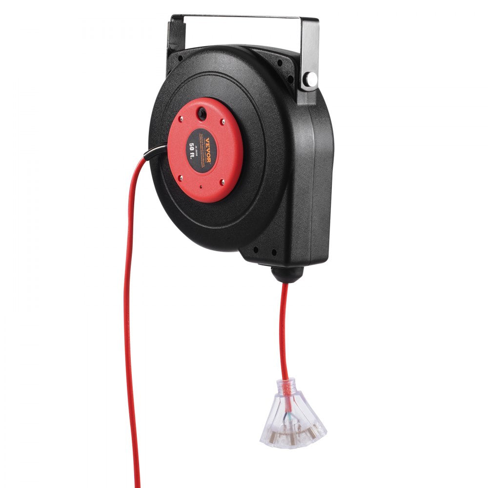 VEVOR Retractable Extension Cord Reel, 50 FT, Heavy Duty 14AWG/3C SJTOW Retractable Power Cord with Lighted Triple Tap Outlet, 13 Amp Circuit Breaker 180° Swivel Bracket for Ceiling or Wall Mount