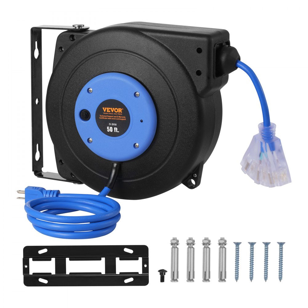 VEVOR Retractable Extension Cord Reel, 50 FT, Heavy Duty 14AWG/3C SJTOW Retractable Power Cord with Lighted Triple Tap Outlet, 13 Amp Circuit Breaker 180° Swivel Bracket for Ceiling or Wall Mount