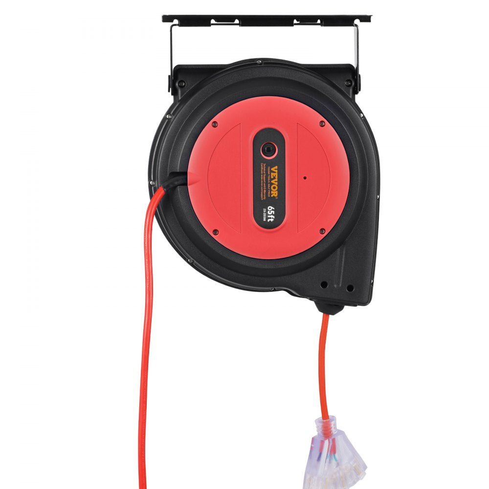 VEVOR Retractable Extension Cord Reel, 65 FT, Heavy Duty 12AWG/3C SJTOW Retractable Power Cord with Lighted Triple Tap Outlet, 15 Amp Circuit Breaker 180° Swivel Bracket for Ceiling or Wall Mount