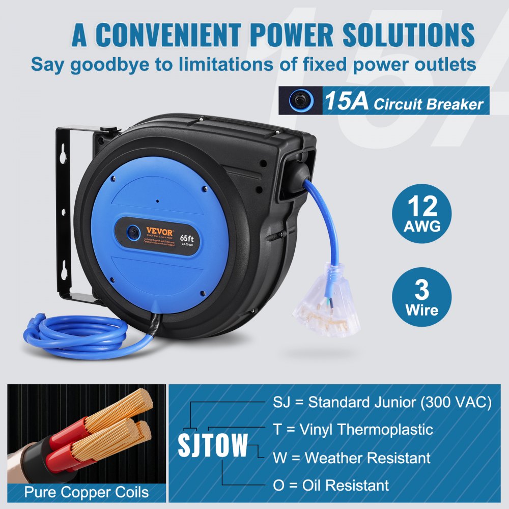 VEVOR Retractable Extension Cord Reel, 65 FT, Heavy Duty 12AWG/3C SJTOW Retractable Power Cord with Lighted Triple Tap Outlet, 15 Amp Circuit Breaker 180° Swivel Bracket for Ceiling or Wall Mount
