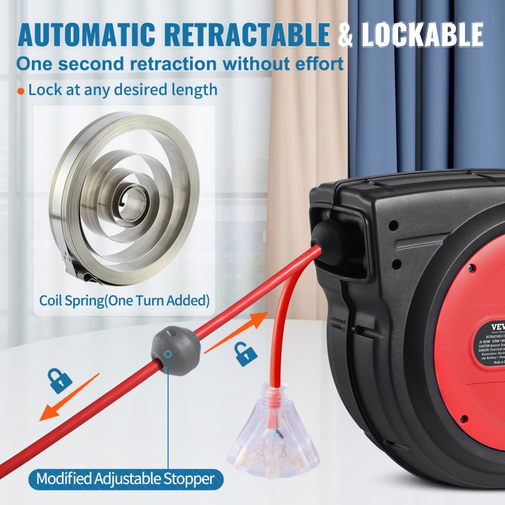 VEVOR Retractable Extension Cord Reel, 75 FT, Heavy Duty 14AWG/3C SJTOW Retractable Power Cord with Lighted Triple Tap Outlet, 13 Amp Circuit Breaker 180° Swivel Bracket for Ceiling or Wall Mount