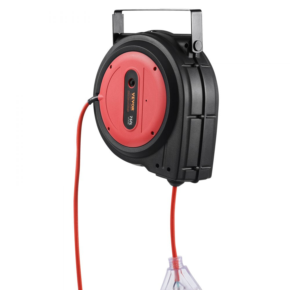 VEVOR Retractable Extension Cord Reel, 75 FT, Heavy Duty 14AWG/3C SJTOW Retractable Power Cord with Lighted Triple Tap Outlet, 13 Amp Circuit Breaker 180° Swivel Bracket for Ceiling or Wall Mount