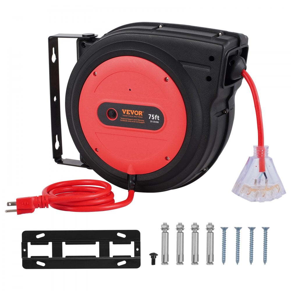 VEVOR Retractable Extension Cord Reel, 75 FT, Heavy Duty 14AWG/3C SJTOW Retractable Power Cord with Lighted Triple Tap Outlet, 13 Amp Circuit Breaker 180° Swivel Bracket for Ceiling or Wall Mount