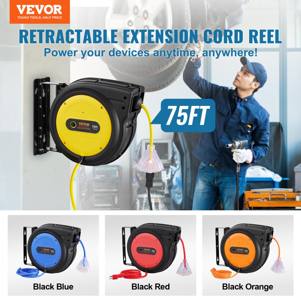 VEVOR Retractable Extension Cord Reel, 75 FT, Heavy Duty 14AWG/3C SJTOW Retractable Power Cord with Lighted Triple Tap Outlet, 13 Amp Circuit Breaker 180° Swivel Bracket for Ceiling or Wall Mount