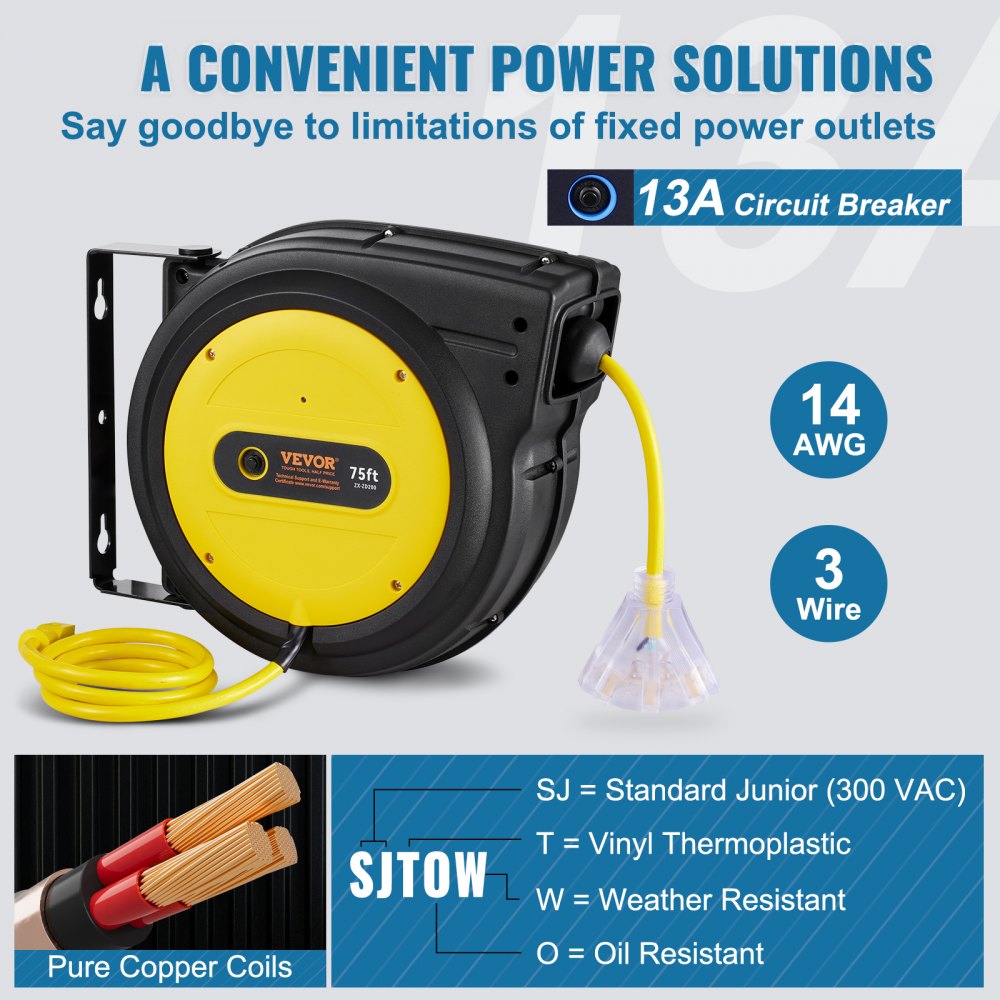 VEVOR Retractable Extension Cord Reel, 75 FT, Heavy Duty 14AWG/3C SJTOW Retractable Power Cord with Lighted Triple Tap Outlet, 13 Amp Circuit Breaker 180° Swivel Bracket for Ceiling or Wall Mount