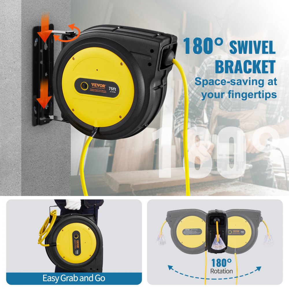 VEVOR Retractable Extension Cord Reel, 75 FT, Heavy Duty 14AWG/3C SJTOW Retractable Power Cord with Lighted Triple Tap Outlet, 13 Amp Circuit Breaker 180° Swivel Bracket for Ceiling or Wall Mount