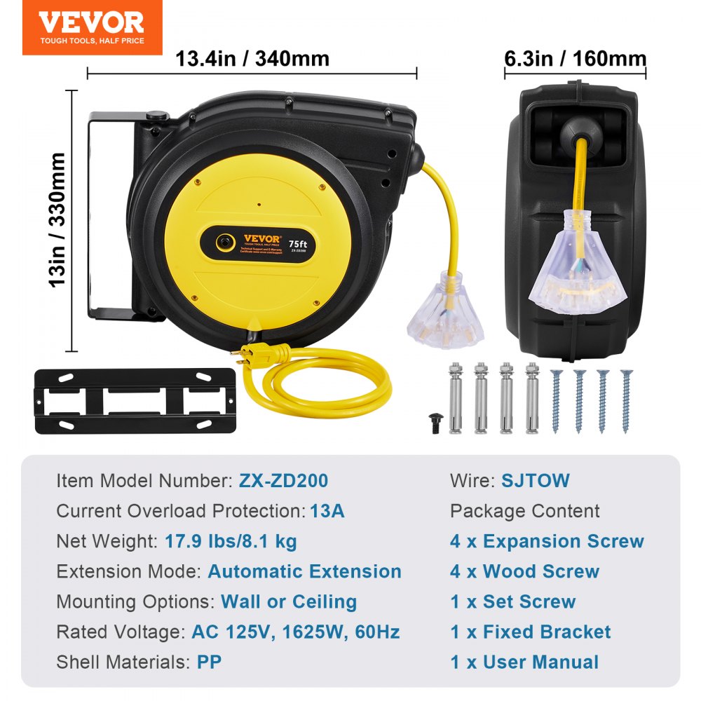 VEVOR Retractable Extension Cord Reel, 75 FT, Heavy Duty 14AWG/3C SJTOW Retractable Power Cord with Lighted Triple Tap Outlet, 13 Amp Circuit Breaker 180° Swivel Bracket for Ceiling or Wall Mount