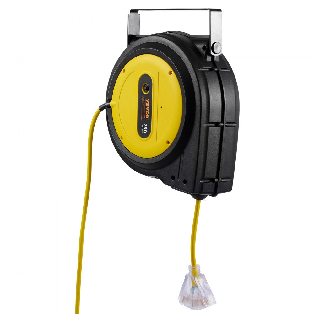 VEVOR Retractable Extension Cord Reel, 75 FT, Heavy Duty 14AWG/3C SJTOW Retractable Power Cord with Lighted Triple Tap Outlet, 13 Amp Circuit Breaker 180° Swivel Bracket for Ceiling or Wall Mount