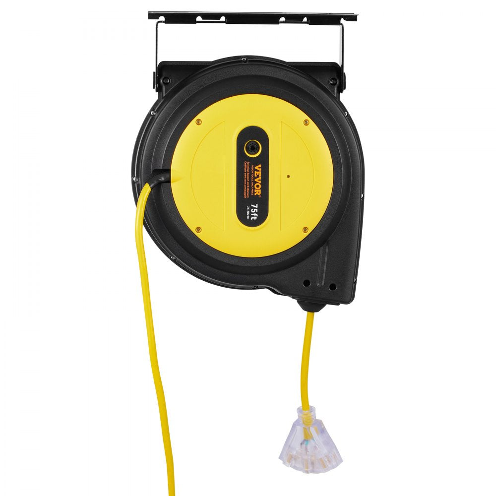 VEVOR Retractable Extension Cord Reel, 75 FT, Heavy Duty 14AWG/3C SJTOW Retractable Power Cord with Lighted Triple Tap Outlet, 13 Amp Circuit Breaker 180° Swivel Bracket for Ceiling or Wall Mount