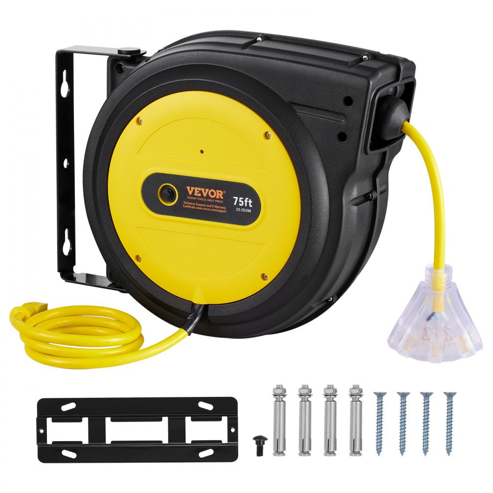 VEVOR Retractable Extension Cord Reel, 75 FT, Heavy Duty 14AWG/3C SJTOW Retractable Power Cord with Lighted Triple Tap Outlet, 13 Amp Circuit Breaker 180° Swivel Bracket for Ceiling or Wall Mount