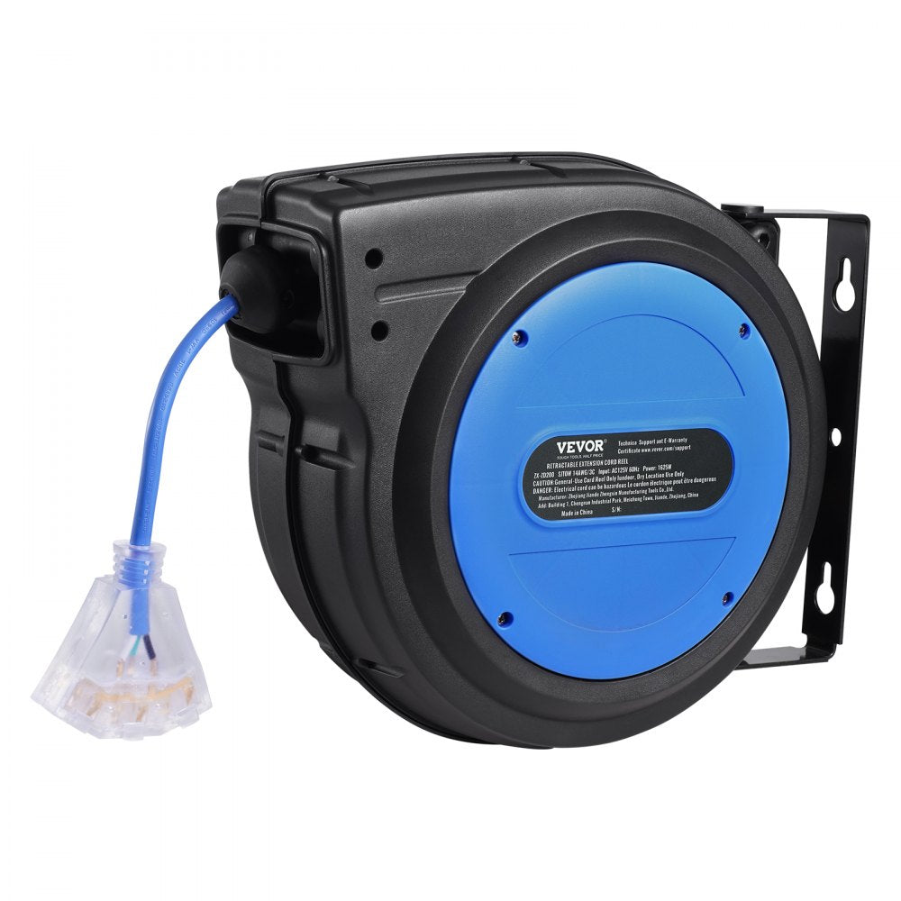 VEVOR Retractable Extension Cord Reel, 75 FT, Heavy Duty 14AWG/3C SJTOW Retractable Power Cord with Lighted Triple Tap Outlet, 13 Amp Circuit Breaker 180° Swivel Bracket for Ceiling or Wall Mount