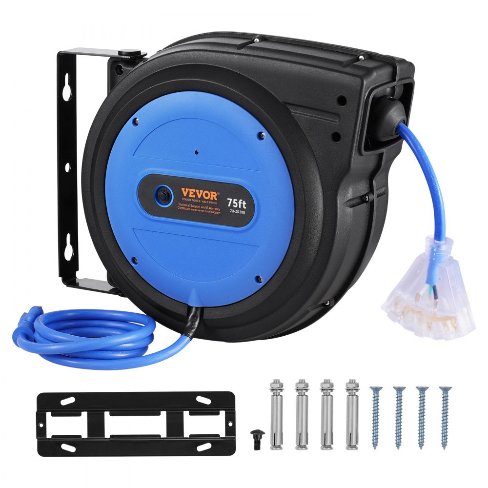 VEVOR Retractable Extension Cord Reel, 75 FT, Heavy Duty 14AWG/3C SJTOW Retractable Power Cord with Lighted Triple Tap Outlet, 13 Amp Circuit Breaker 180° Swivel Bracket for Ceiling or Wall Mount