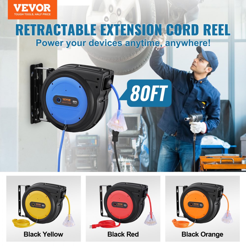 VEVOR Retractable Extension Cord Reel, 80 FT, Heavy Duty 12AWG/3C SJTOW Retractable Power Cord with Lighted Triple Tap Outlet, 15 Amp Circuit Breaker 180° Swivel Bracket for Ceiling or Wall Mount