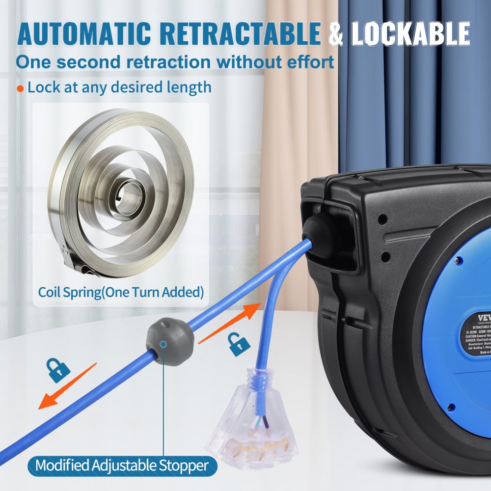 VEVOR Retractable Extension Cord Reel, 80 FT, Heavy Duty 12AWG/3C SJTOW Retractable Power Cord with Lighted Triple Tap Outlet, 15 Amp Circuit Breaker 180° Swivel Bracket for Ceiling or Wall Mount