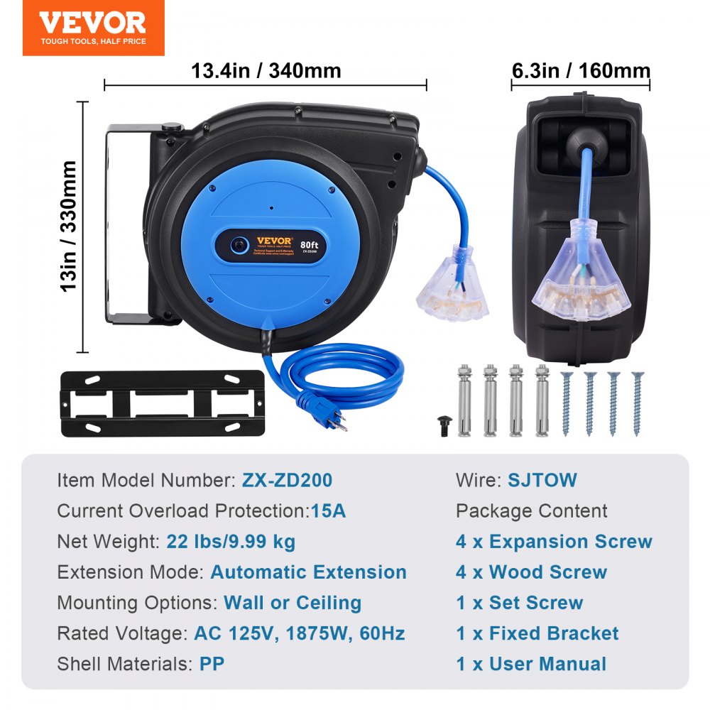 VEVOR Retractable Extension Cord Reel, 80 FT, Heavy Duty 12AWG/3C SJTOW Retractable Power Cord with Lighted Triple Tap Outlet, 15 Amp Circuit Breaker 180° Swivel Bracket for Ceiling or Wall Mount