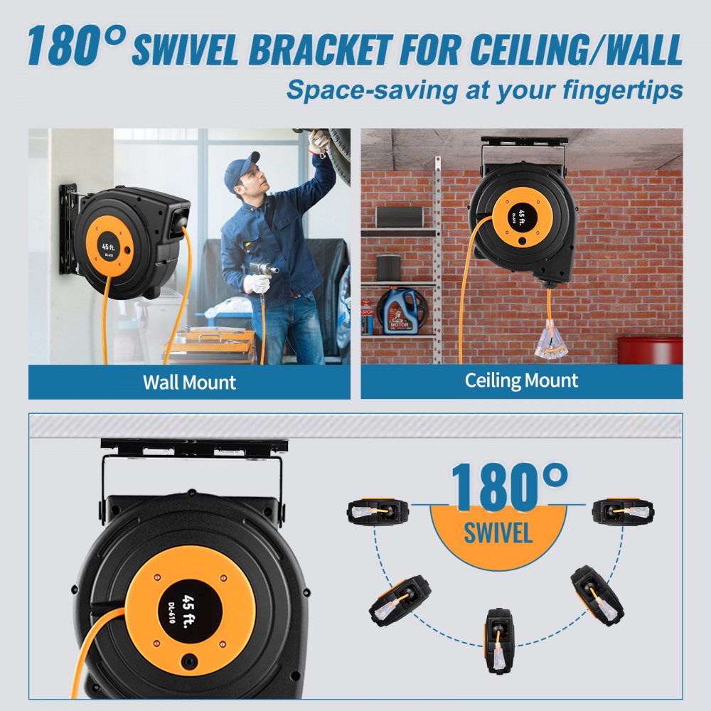 VEVOR Retractable Extension Reel, Heavy Duty 12AWG/3C SJTOW Power Cord 45 FT 12AWG, Black Tested toStandards