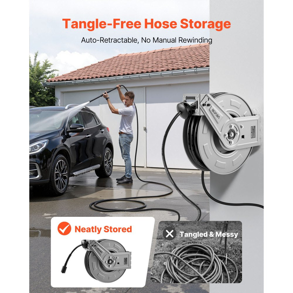 VEVOR Pressure Washer Hose Reel, 65 ft x 1/4 inch Retractable Power Heavy-Duty Steel Washer Hose Reel, 3200PSI Max, Auto-Rewinding, Flexible Wall/Floor Mounted for Car Washing,Garden,Floor Cleaning