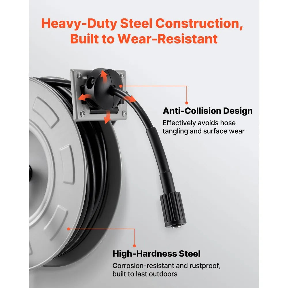 VEVOR Pressure Washer Hose Reel, 65 ft x 1/4 inch Retractable Power Heavy-Duty Steel Washer Hose Reel, 3200PSI Max, Auto-Rewinding, Flexible Wall/Floor Mounted for Car Washing,Garden,Floor Cleaning