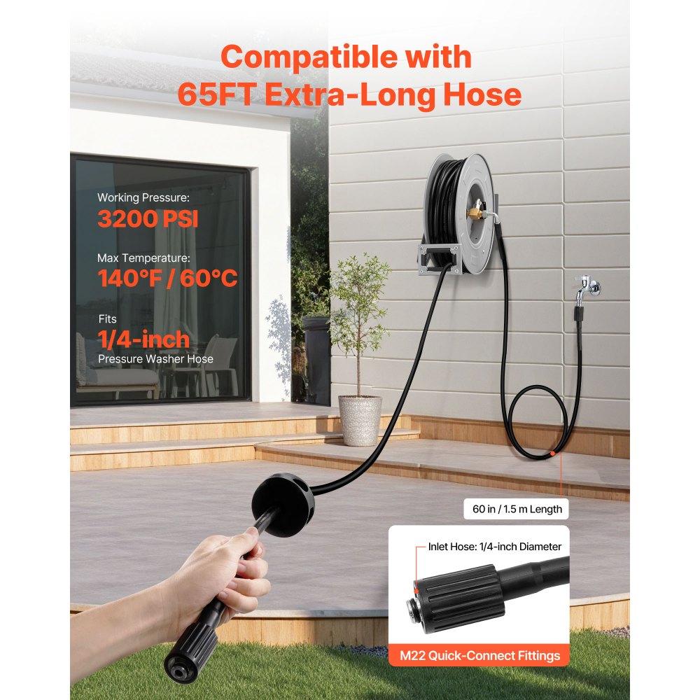 VEVOR Pressure Washer Hose Reel, 65 ft x 1/4 inch Retractable Power Heavy-Duty Steel Washer Hose Reel, 3200PSI Max, Auto-Rewinding, Flexible Wall/Floor Mounted for Car Washing,Garden,Floor Cleaning