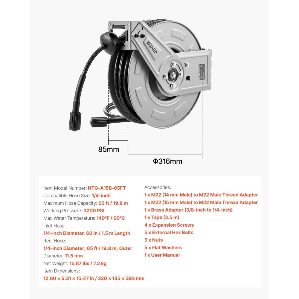 VEVOR Pressure Washer Hose Reel, 65 ft x 1/4 inch Retractable Power Heavy-Duty Steel Washer Hose Reel, 3200PSI Max, Auto-Rewinding, Flexible Wall/Floor Mounted for Car Washing,Garden,Floor Cleaning