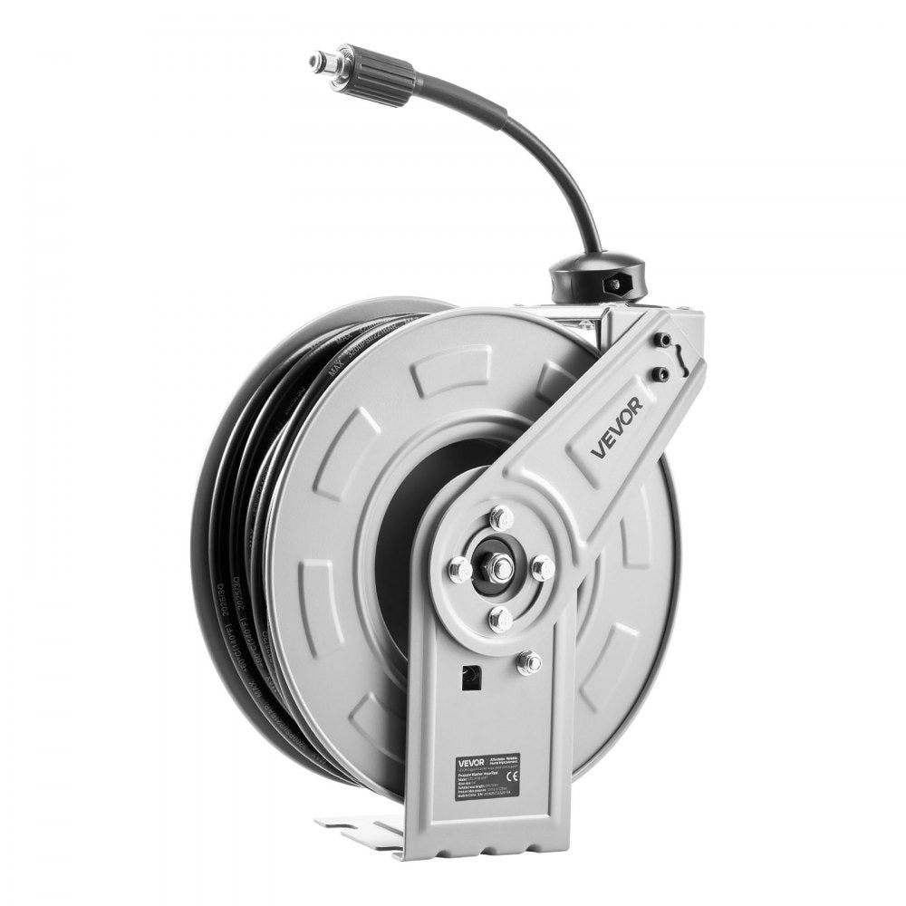 VEVOR Pressure Washer Hose Reel, 65 ft x 1/4 inch Retractable Power Heavy-Duty Steel Washer Hose Reel, 3200PSI Max, Auto-Rewinding, Flexible Wall/Floor Mounted for Car Washing,Garden,Floor Cleaning