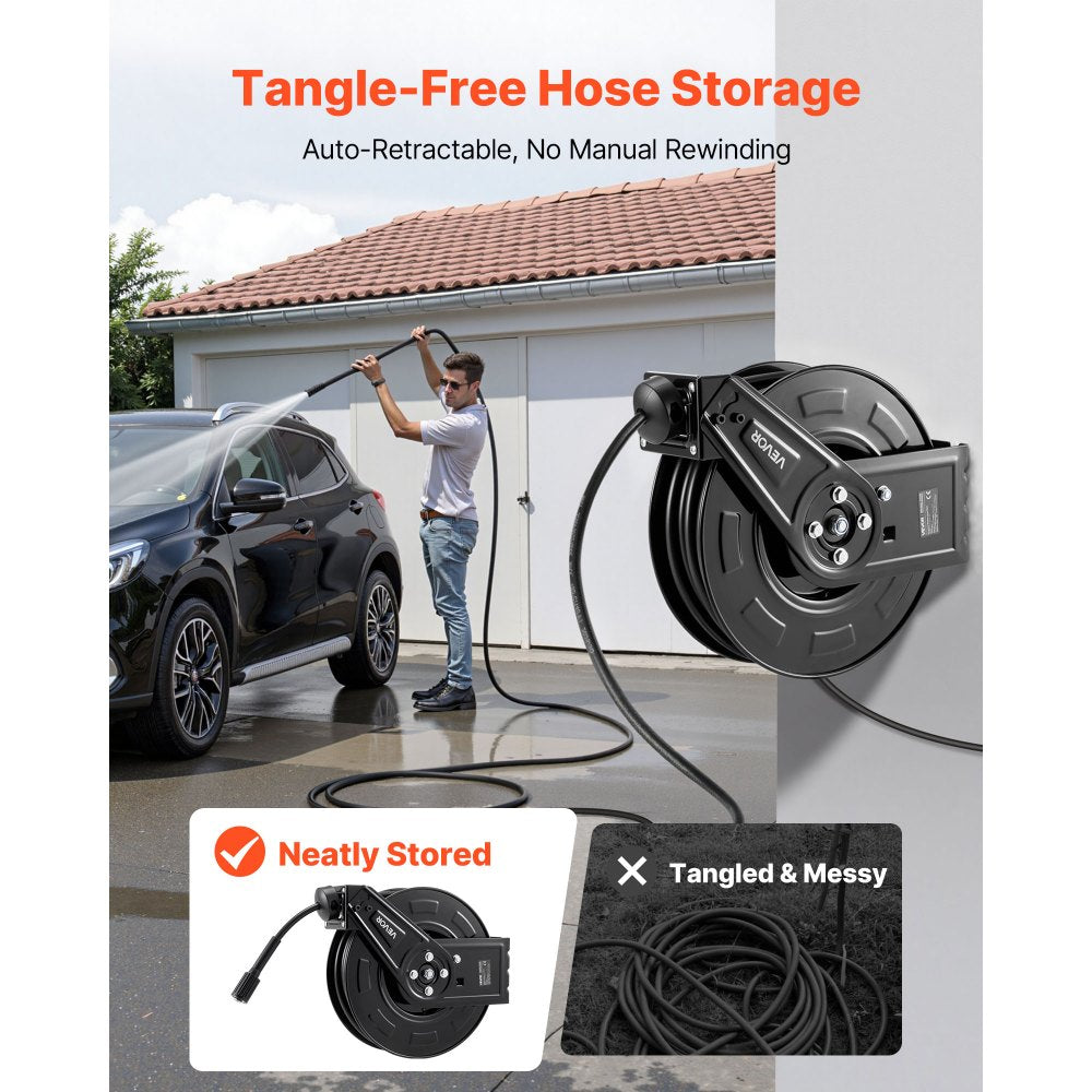 VEVOR Pressure Washer Hose Reel, 60 ft x 1/4 inch Retractable Power Heavy-Duty Steel Washer Hose Reel, 4000PSI Max, Auto-Rewinding, Flexible Wall/Floor Mounted for Car Washing,Garden,Floor Cleaning