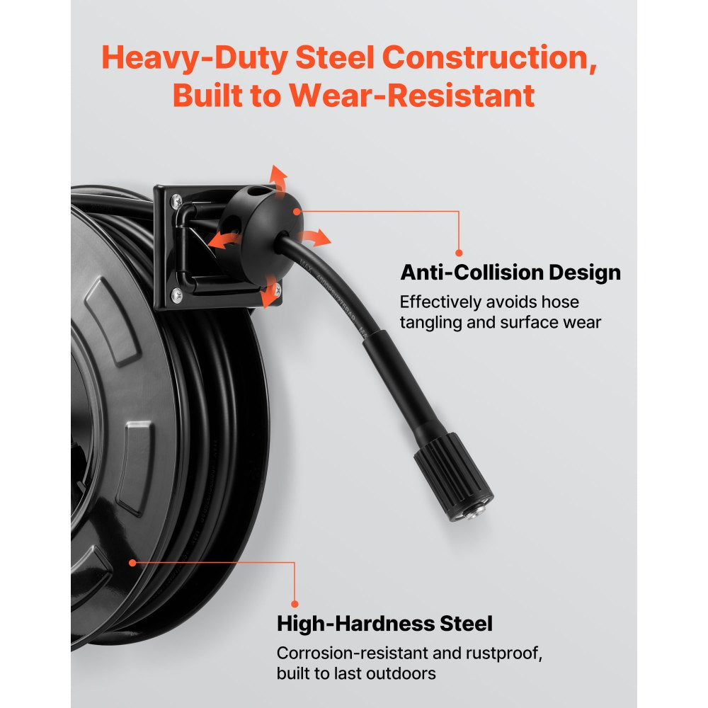 VEVOR Pressure Washer Hose Reel, 60 ft x 1/4 inch Retractable Power Heavy-Duty Steel Washer Hose Reel, 4000PSI Max, Auto-Rewinding, Flexible Wall/Floor Mounted for Car Washing,Garden,Floor Cleaning