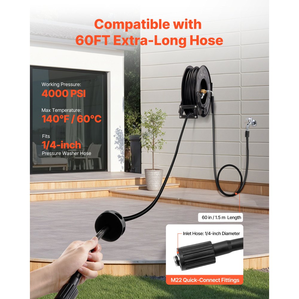 VEVOR Pressure Washer Hose Reel, 60 ft x 1/4 inch Retractable Power Heavy-Duty Steel Washer Hose Reel, 4000PSI Max, Auto-Rewinding, Flexible Wall/Floor Mounted for Car Washing,Garden,Floor Cleaning