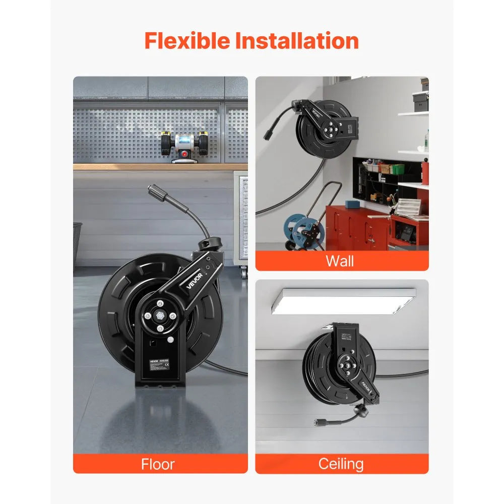 VEVOR Pressure Washer Hose Reel, 60 ft x 1/4 inch Retractable Power Heavy-Duty Steel Washer Hose Reel, 4000PSI Max, Auto-Rewinding, Flexible Wall/Floor Mounted for Car Washing,Garden,Floor Cleaning