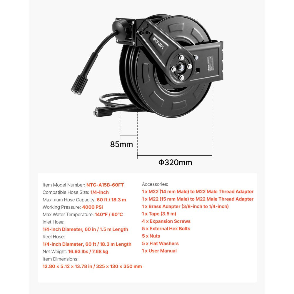 VEVOR Pressure Washer Hose Reel, 60 ft x 1/4 inch Retractable Power Heavy-Duty Steel Washer Hose Reel, 4000PSI Max, Auto-Rewinding, Flexible Wall/Floor Mounted for Car Washing,Garden,Floor Cleaning