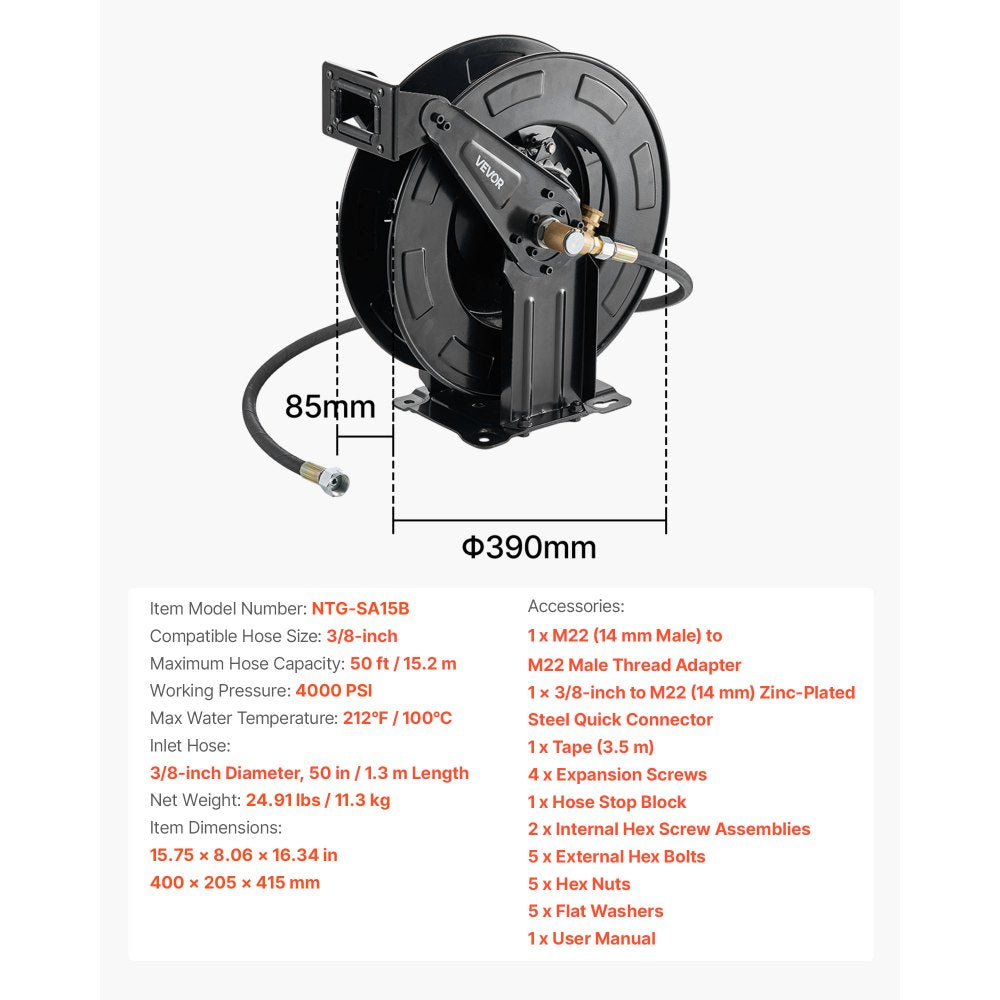 VEVOR Pressure Washer Hose Reel, 50 ft x 3/8 inch Retractable Power Heavy-Duty Steel Washer Hose Reel, 4000PSI Max, Auto-Rewinding, Flexible Wall/Floor Mounted for Car Washing,Garden,Floor Cleaning