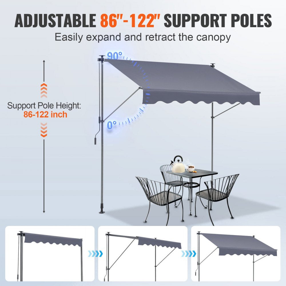 VEVOR Manual Retractable Awning, 118" Outdoor Retractable Patio Awning Sunshade Shelter, Adjustable Patio Door Window Awning Canopy with 39" Sun Shade Curtain for Backyard, Garden, Balcony