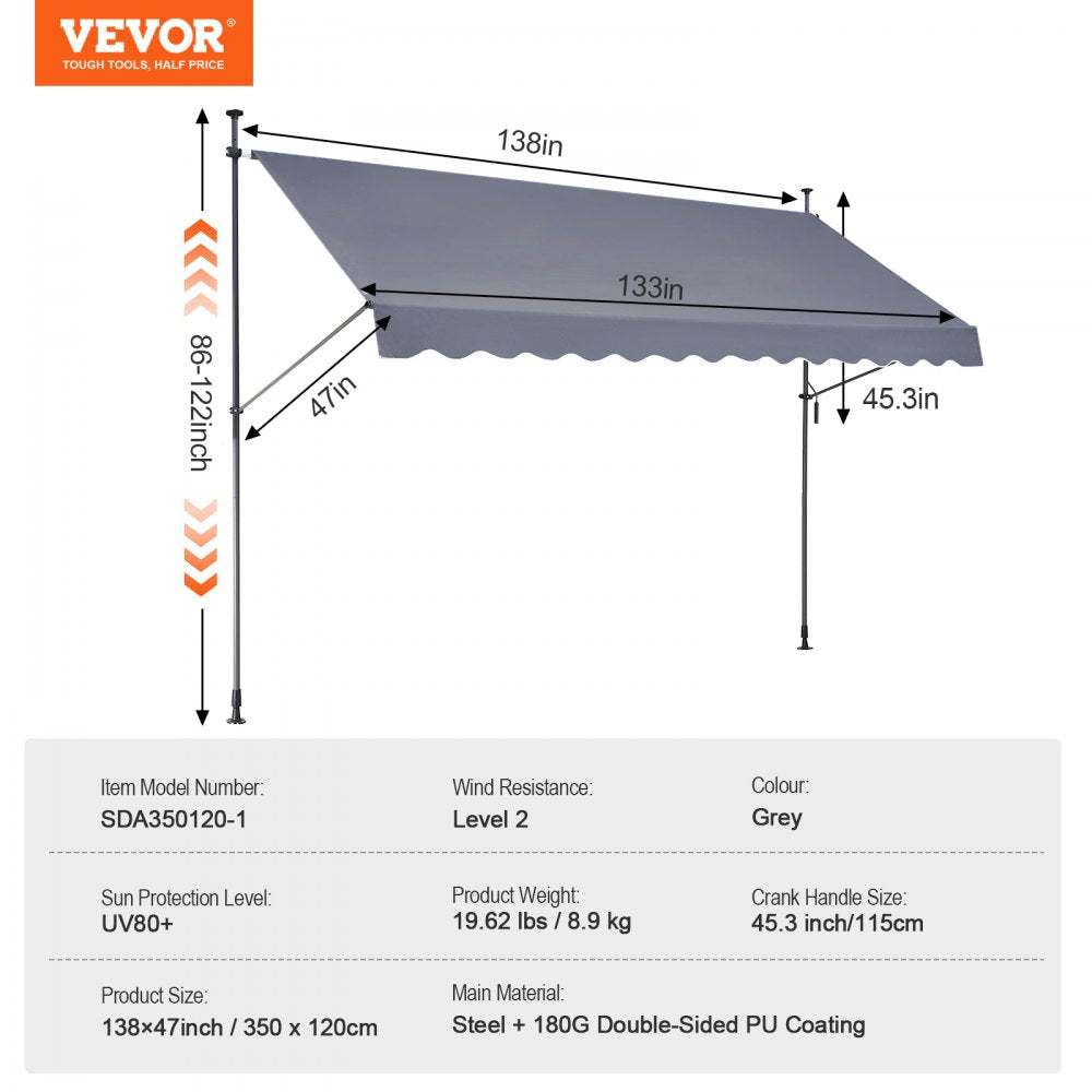 VEVOR 138 x 47" Patio Awning Retractable, Awning Sunshade Shelter with Manual Crank Handle, Outdoor Patio Canopy Sunsetter Deck, Adjustable Height from 86 to 122 in, for Patio/Balcony/Yard, Dark Gray