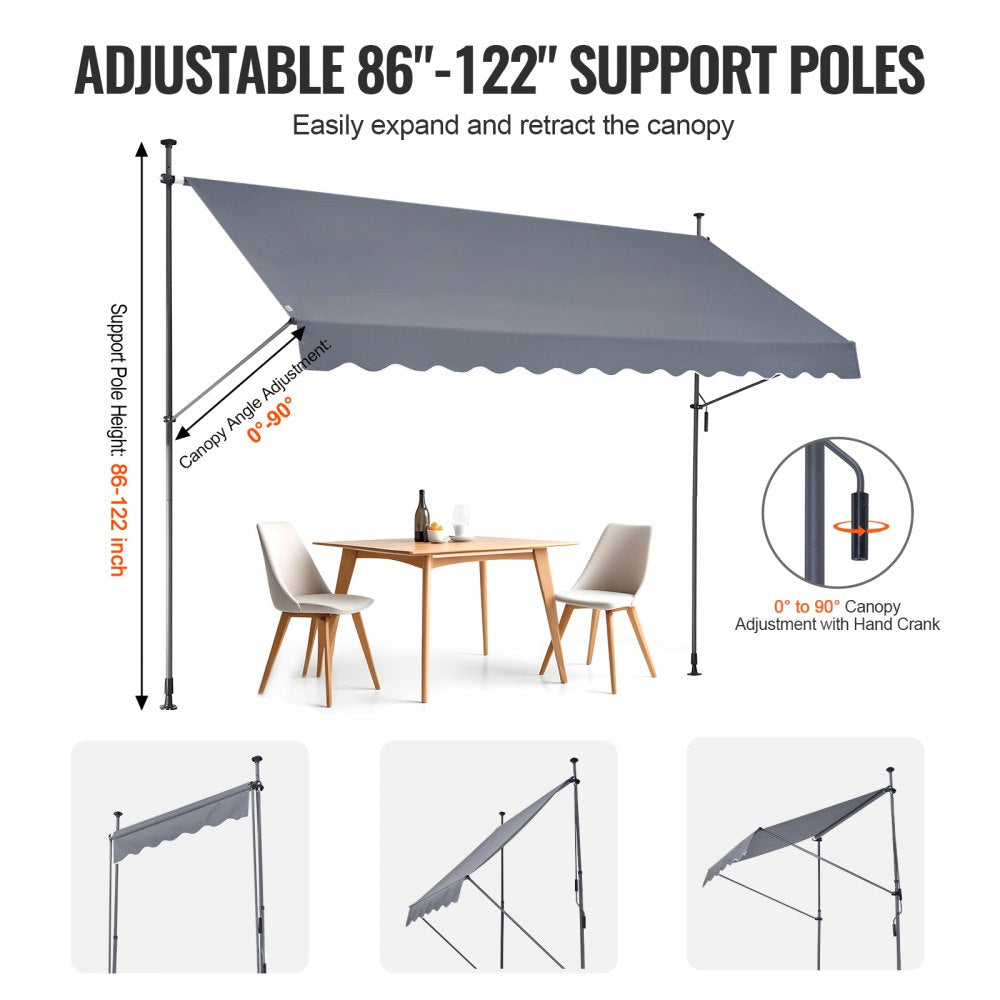 VEVOR 138 x 47" Patio Awning Retractable, Awning Sunshade Shelter with Manual Crank Handle, Outdoor Patio Canopy Sunsetter Deck, Adjustable Height from 86 to 122 in, for Patio/Balcony/Yard, Dark Gray