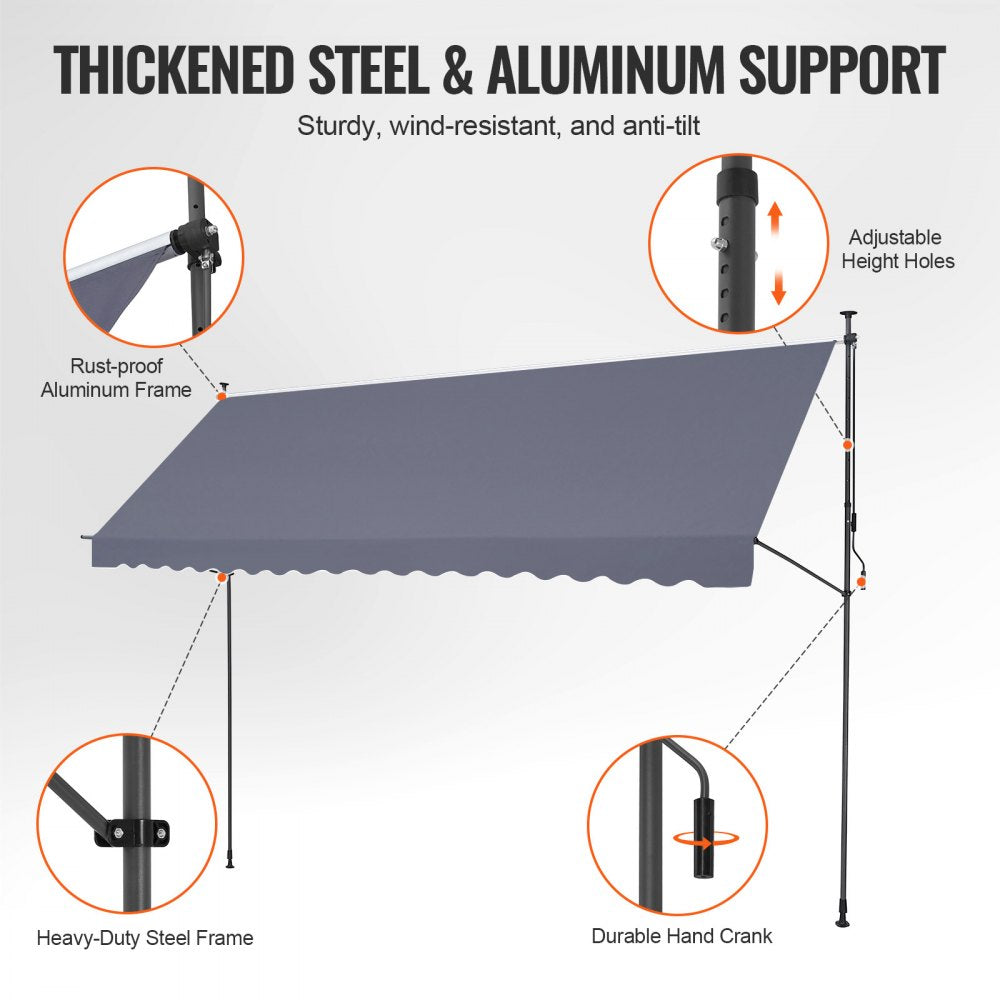 VEVOR 178 x 47" Patio Awning Retractable, Awning Sunshade Shelter with Manual Crank Handle, Outdoor Patio Canopy Sunsetter Deck, Adjustable Height from 86 to 122 in, for Patio/Balcony/Yard, Dark Gray