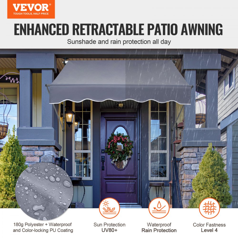 VEVOR 59 x 47" Patio Awning Retractable, Awning Sunshade Shelter with Manual Crank Handle, Outdoor Patio Canopy Sunsetter Deck, Adjustable Height from 86 to 122 in, for Patio/Balcony/Yard, Dark Gray