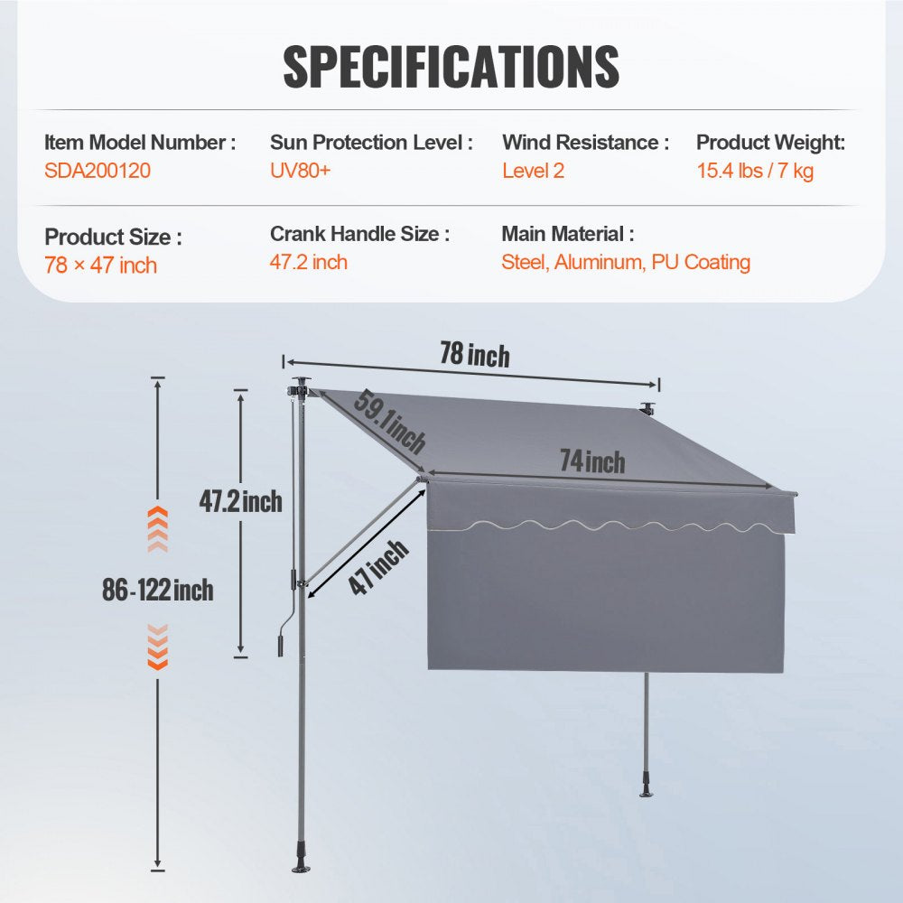 VEVOR Manual Retractable Awning, 78" Outdoor Retractable Patio Awning Sunshade Shelter, Adjustable Patio Door Window Awning Canopy with 39" Sun Shade Curtain for Backyard, Garden, Balcony